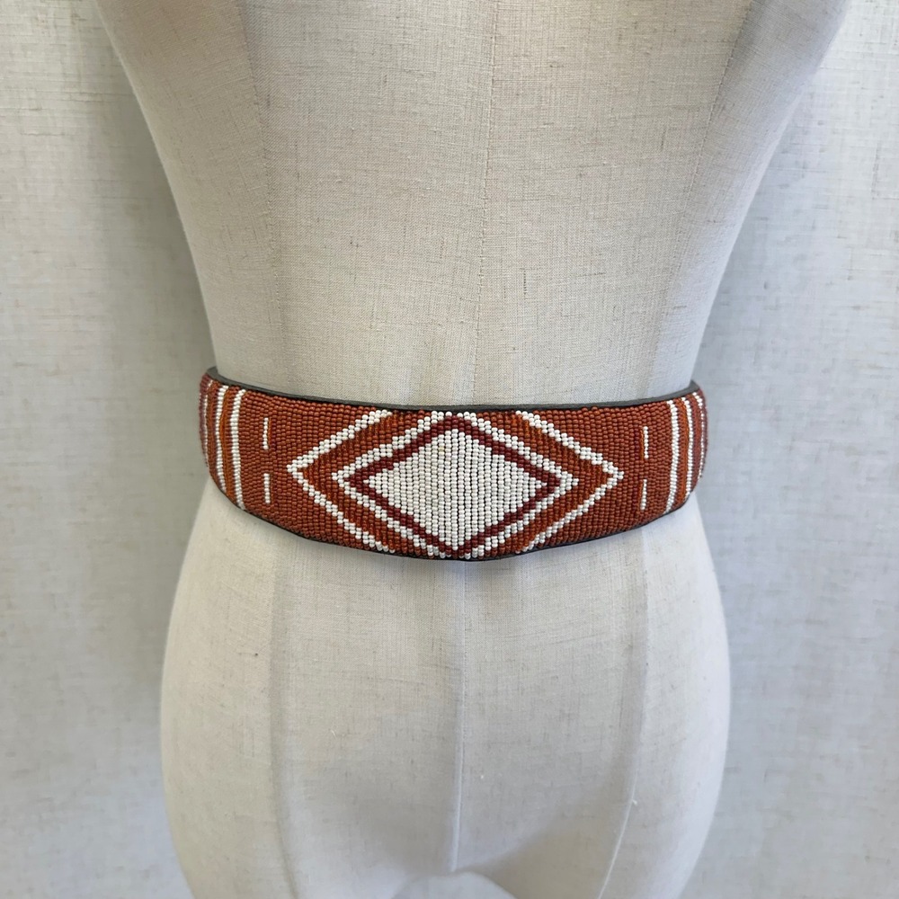 Beaded Faux Leather Cinch Belt Womens‎ Terracotta Geometric Diamond Boho S/M